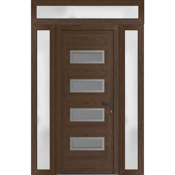 56 in. x 94 in. Left-hand/Inswing Frosted Glass Walnut Steel Prehung Front Door with Hardware