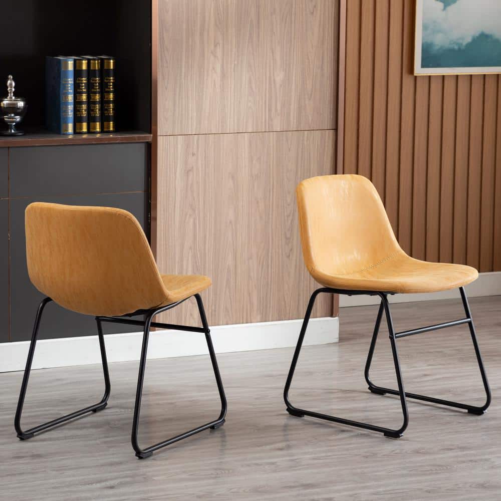 Tan Faux Leather Upholstered Armless Side Chairs with Metal Legs, Set of 2