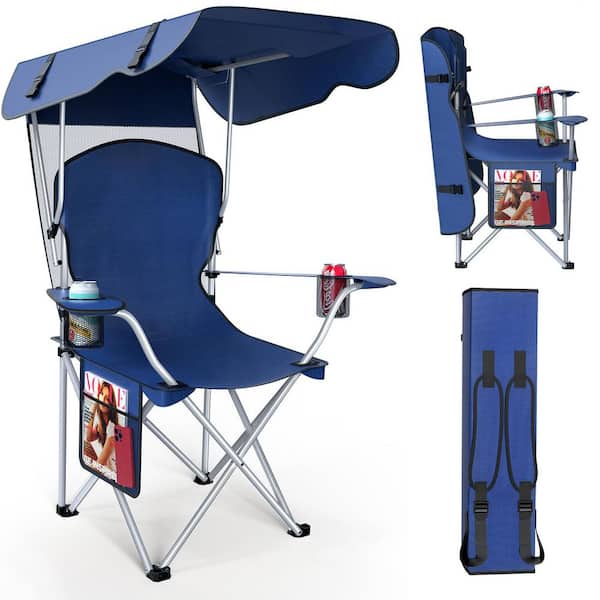 OGETFUUR Portable Metal Lawn Chair with Canopy, Folding Chair with Canopy for Camping, Beach and Picnics, Blue