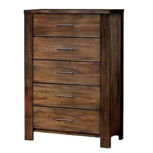 Transitional Style 5-Drawer Brown Wooden Chest with Metal Handle Pulls (16.5 in. L x 33.87 in. W x 48.25 in. H)