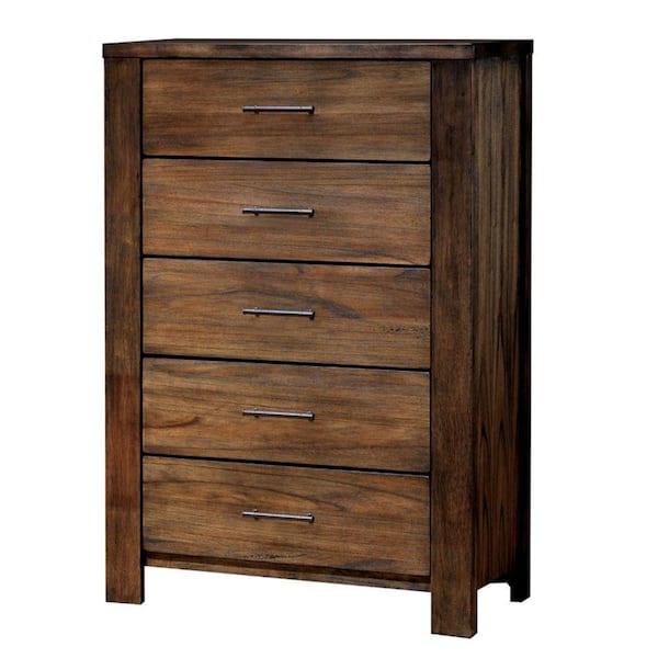 Benjara Transitional Style 5-Drawer Brown Wooden Chest with Metal Handle Pulls (16.5 in. L x 33.87 in. W x 48.25 in. H)