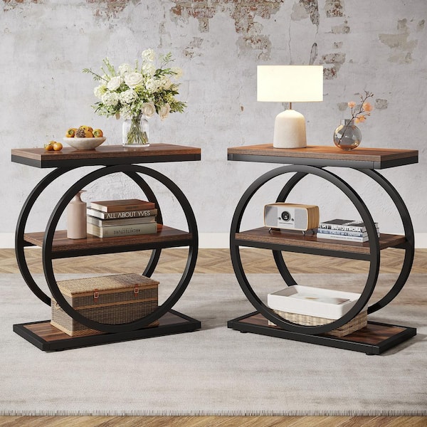 Kerlin 23.62 in. Brown Rectangle Wood End Table with 3 Tiers Storage Shelves and Geometric Base