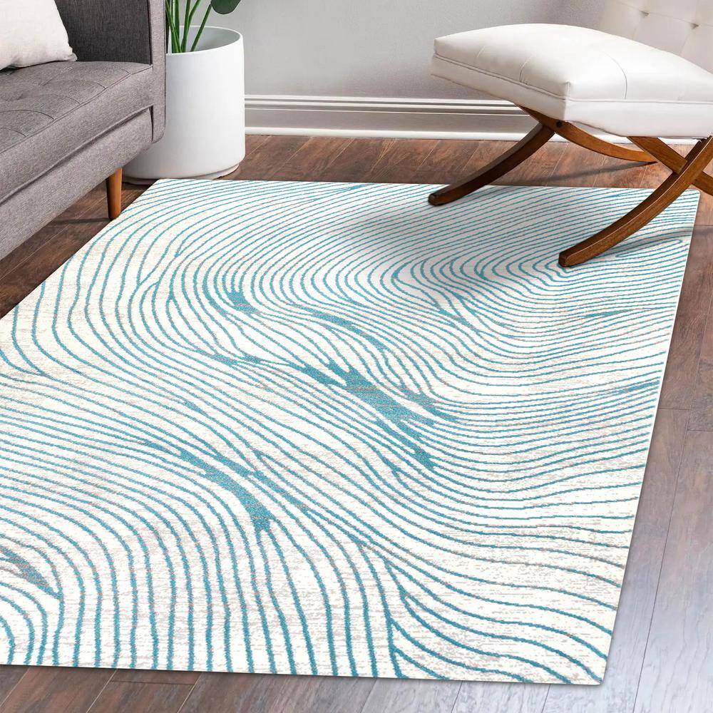 Blue and White Geometric Synthetic Reversible Area Rug