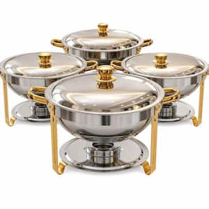 6 qt. Golden Stainless Steel Round Chafing Dish Buffet Set with Glass Lid and 4 Serving Tongs, 4 Pack