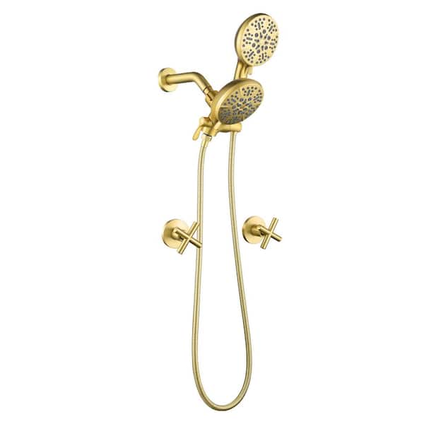 FLG Double Handle 7-Spray Shower Faucet 1.8 GPM with Ceramic Disc Valves Wall Mount Shower System with Valve in Brushed Gold