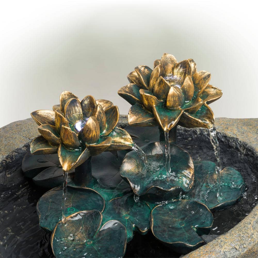 Solar Powered Brown Polyresin Lotus Rock Fountain with LED Lights