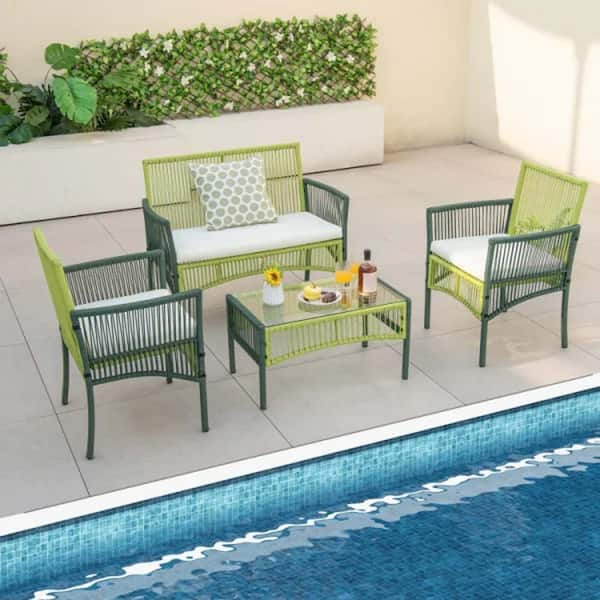 Tenleaf 4-Piece Green Metal Patio Conversation Set with Beige Cushions