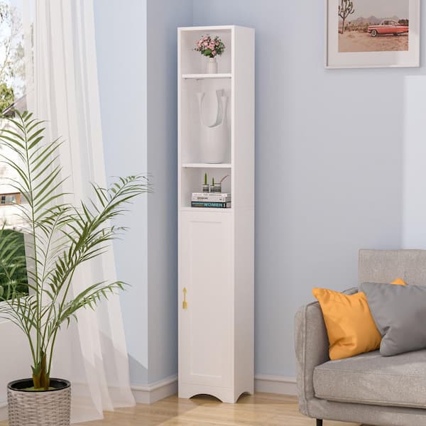 VECELO Tall Narrow Bookshelf with Adjustable Shelves – Stylish Slim Storage Cabinet, White 4 Cubes and Door Accent Cabinet