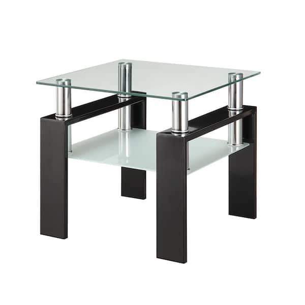 Tempered Glass End Table with Shelf Black and Clear