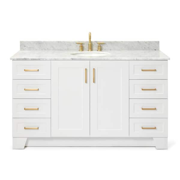Taylor 61 in. W x 22 in. D x 35.25 in. H Freestanding Bath Vanity in White with Carrara White Marble Top