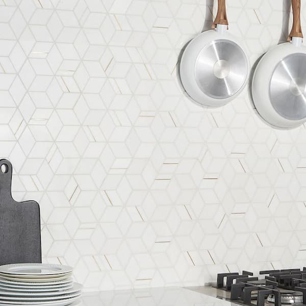 Utopia Thassos 13.58 in. x 11.73 in. Polished Marble and Brass Wall Mosaic Tile (1.11 sq. ft./Each)