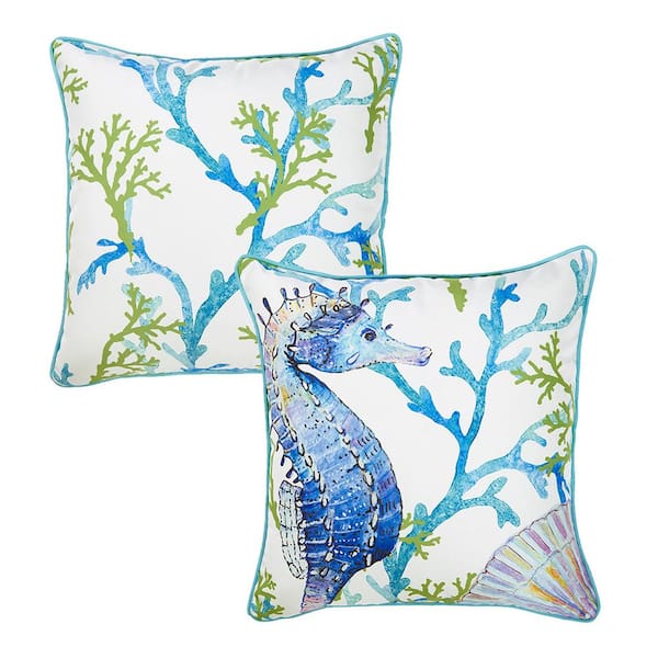 MIKE & Co. NEW YORK Nautical Coastal Seahorse & Coral Decorative Set of 2 Throw Pillow Covers 18" in. x 18" in. Square White & Blue