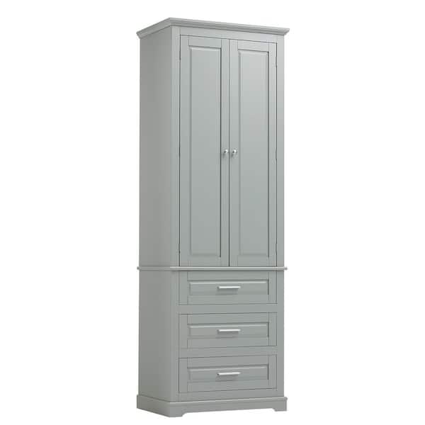 Modern 24 in. W x 16 in. D x 70 in. H Gray Freestanding Slim Linen Cabinet, Bathroom Storage Cabinet with 3-Drawers