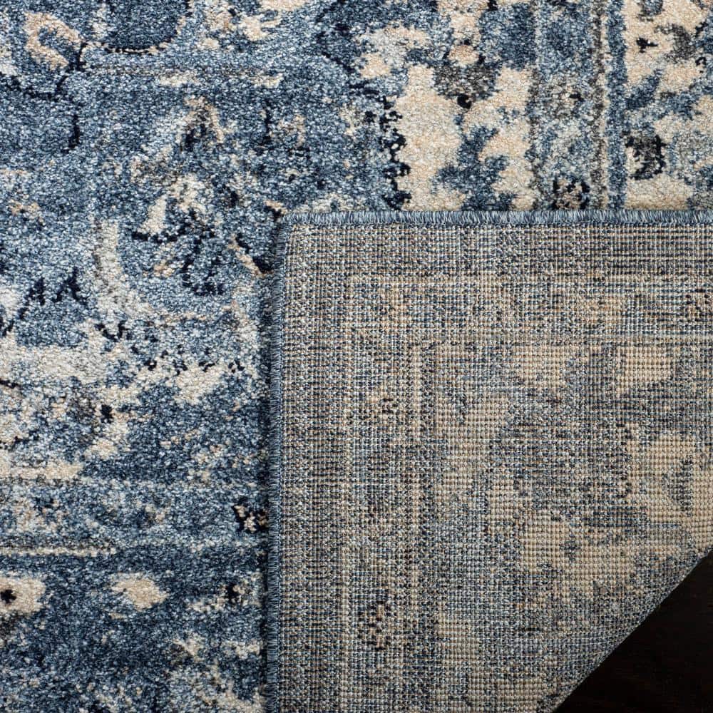 Blue Floral Motif Synthetic Low Pile Area Rug