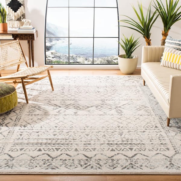 Tulum Ivory/Gray 9 ft. x 12 ft. Border Tribal Distressed Area Rug