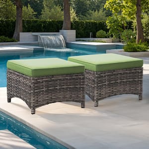 Wicker Outdoor Patio Ottoman with Green Cushions (Set of 2)