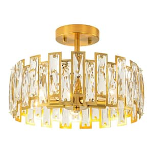 Aanay 12.9 in. 5-Light Gold Modern Industrial Cage Cylinder Drum Semi-Flush Mount Ceiling Light With Crystal Shade