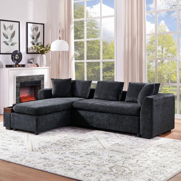 Trustworthy 93.7 in. Rolled Arm Chenille Upholstery L-Shaped Sectional Sofa in. Black with Wooden Storage Compartment