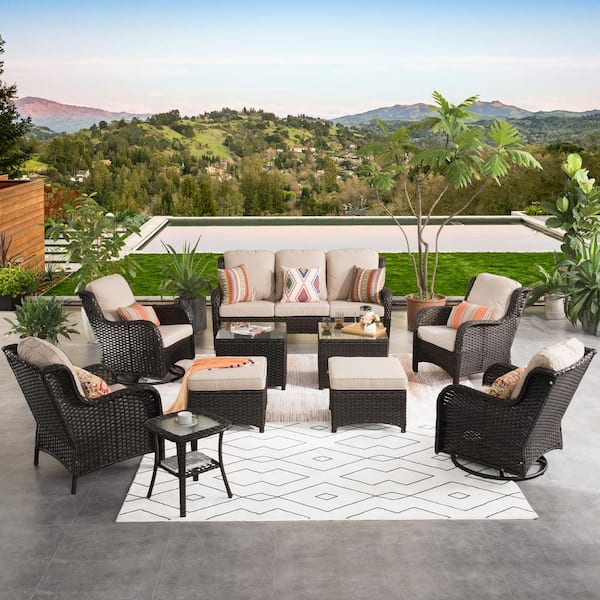 XIZZI Moonlight Brown 10-Piece Wicker Patio Conversation Seating Sofa Set with Beige Cushions and Swivel Rocking Chairs