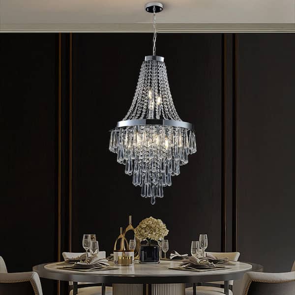 20 in. 11-Light Modern Chrome/Clear Unique Tiered Chandelier with Crystal Accents