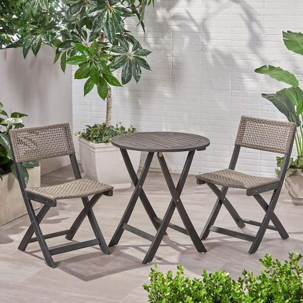 Unbranded New Grey Wicker and Brown Wood 2 Chairs and 1 Table Outdoor Set with Foldable Design for Gardens, Balconies and Poolside