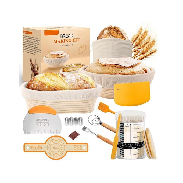 Sourdough Starter Kit with 10" Oval and 9" Round Proofing Bowls, Linen Cloth, Starter Jar, Silicone Bread Sling (White)