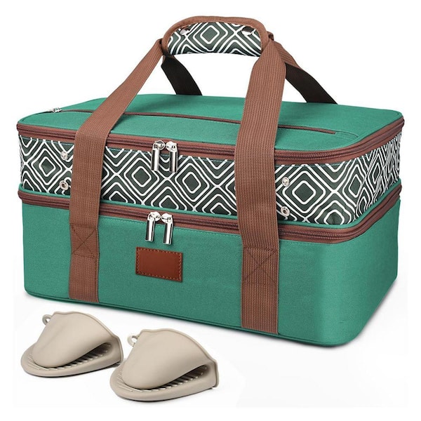 Green Double Decker Casserole Carrier with Silicone Hand Protectors for Hot or Cold Food, Fits 9x13 Dish