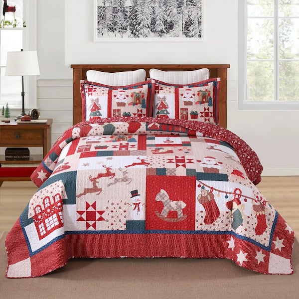 BY220 3-Pieces Vintage Christmas Red Stockings Full Size Polyester Quilt Set-Reversible Holiday Bedspread