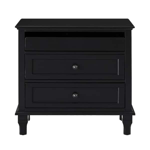 Black 3 Drawer Wood Nightstand with Charging Station Farmhouse Bedside Table with USB & Type-C Ports, Storage End Table