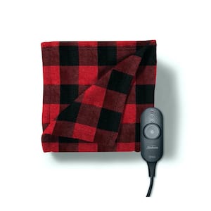 Heated Red Plaid Fleece Electric Throw Blanket with Push Button Control