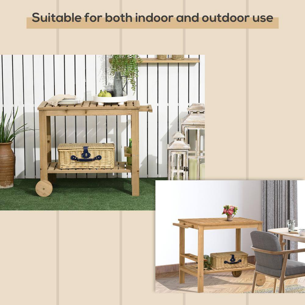 Natural Wood Outdoor Bar Cart with Wine Rack