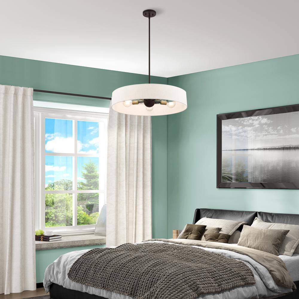 Venlo Bronze Drum Pendant with Oatmeal Fabric Shade - 5 Light