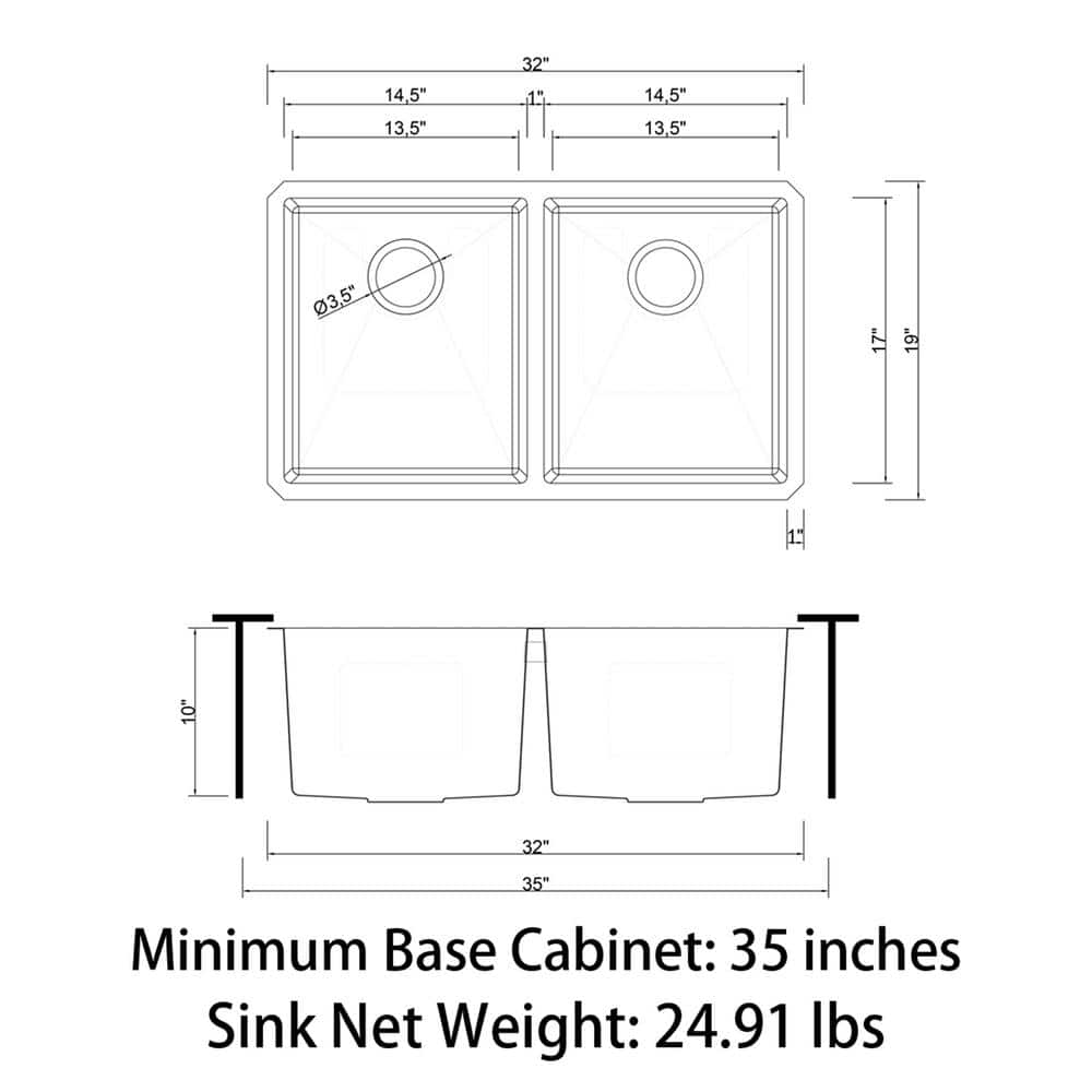 Sinber 32" Black Stainless Steel Double Bowl Undermount Kitchen Sink