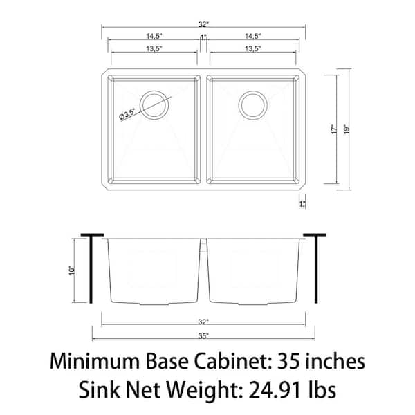 32" Black Undermount Double Kitchen Sink - 16G T304 Stainless Steel With Accessories