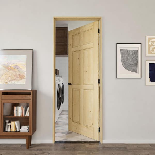32 in. x 80 in. 6-Panel Right Solid Core Unfinished Pine Wood Single Interior Door with Quick Assemble Jamb