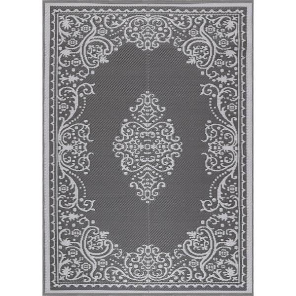 6 X 9 Grey White Lightweight Medallion Reversible Plastic Indoor Outdoor Area Rug