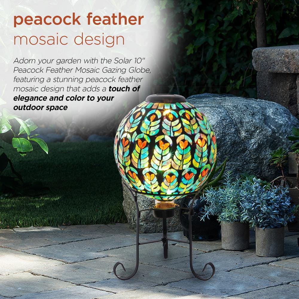 Solar Multicolor Glass Peacock Feather Mosaic Gazing Globe with Metal Stand