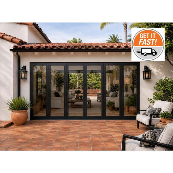216 in. x 96 in. Center Opening/Outswing Double Tempered Glass Black Aluminum Folding Patio Door