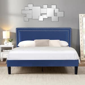 Upholstered Bed with Adjustable Headboard, No Box Spring Needed Platform Bed Frame, Bed Frame Blue Queen Bed