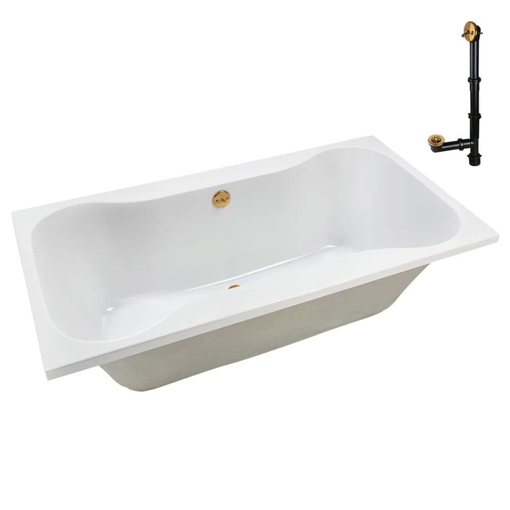 72'' Glossy White Acrylic Soaking Drop-In Bathtub with Brushed Gold Hardware