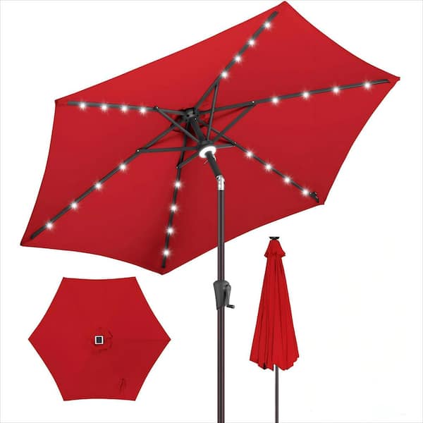 7.5 ft. Solar Powered Outdoor Market Patio Table Umbrella with LED Lights and Tilt, Red