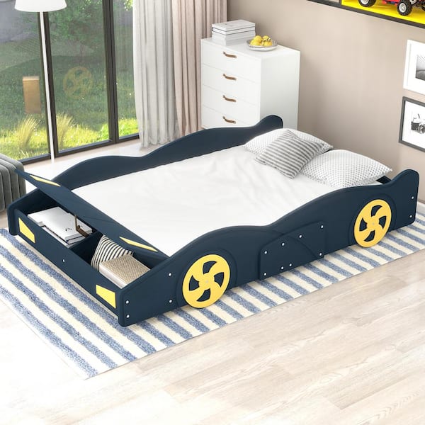 Harper & Bright Designs Dark Blue Wood Frame Full Size Race Car-Shaped Platform Bed with Yellow Wheels and Storage