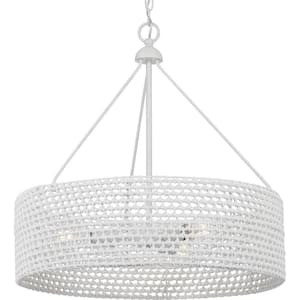 Sugar Reef 22 in. 3-Light Cottage White Coastal Shaded Pendant Light with White Woven Shade