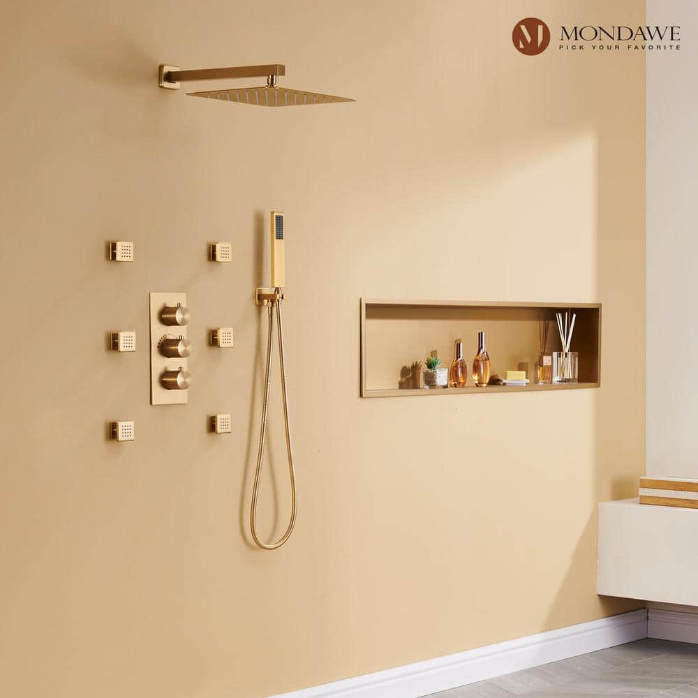 Brushed Gold Dual Square Wall Mounted Shower System with Body Jets