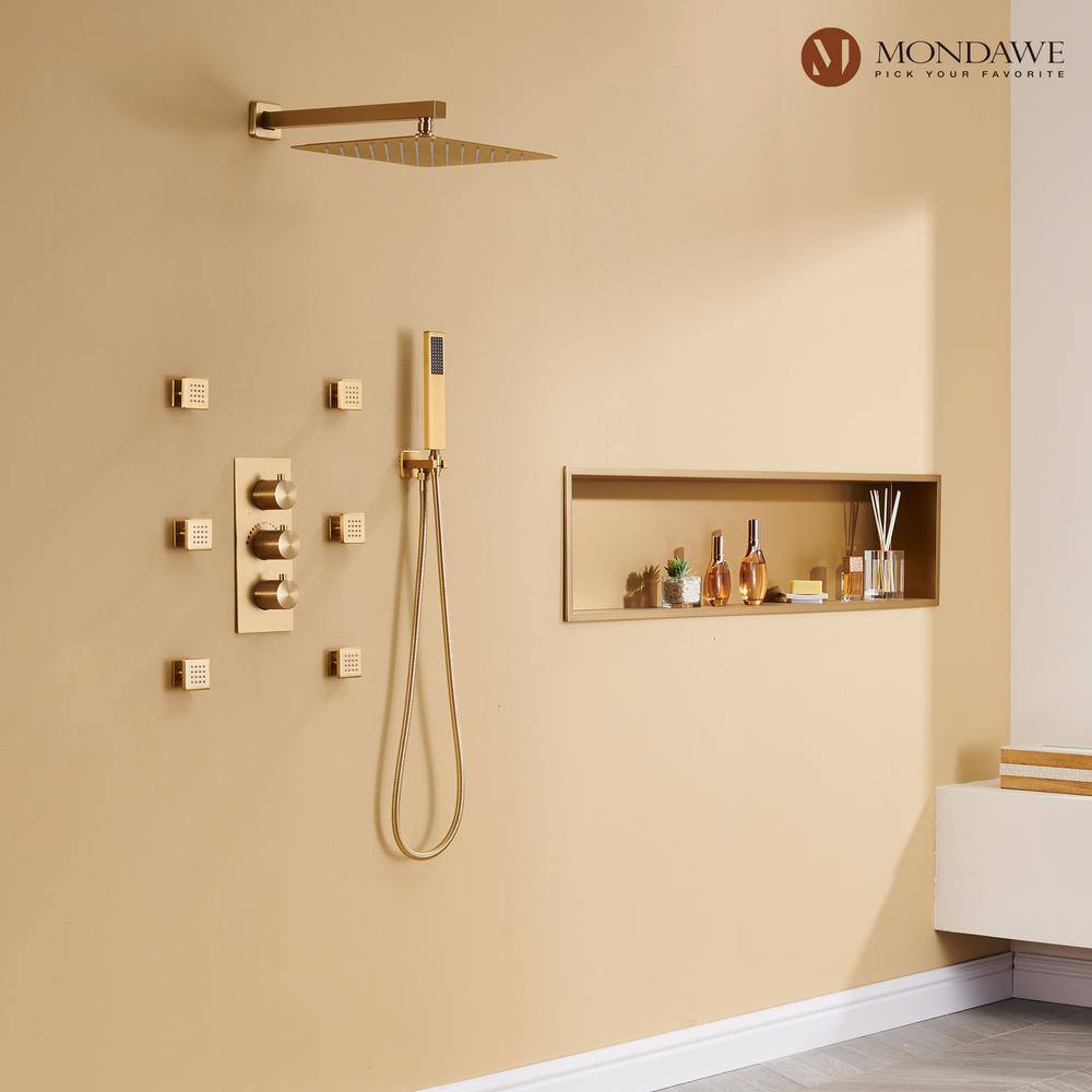 Brushed Gold Dual Square Wall Mounted Shower System with Body Jets