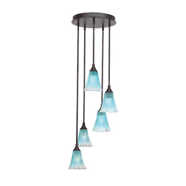 Unbranded Villa 5 Light Dark Granite Pendant, Cluster Pendant Light with 5.5 in. Teal Crystal Glass Shades, No Bulbs Included