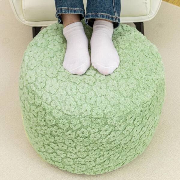 Desert Sage Green Plush Fiber Upholstered Round Ottoman Pouf 18 x