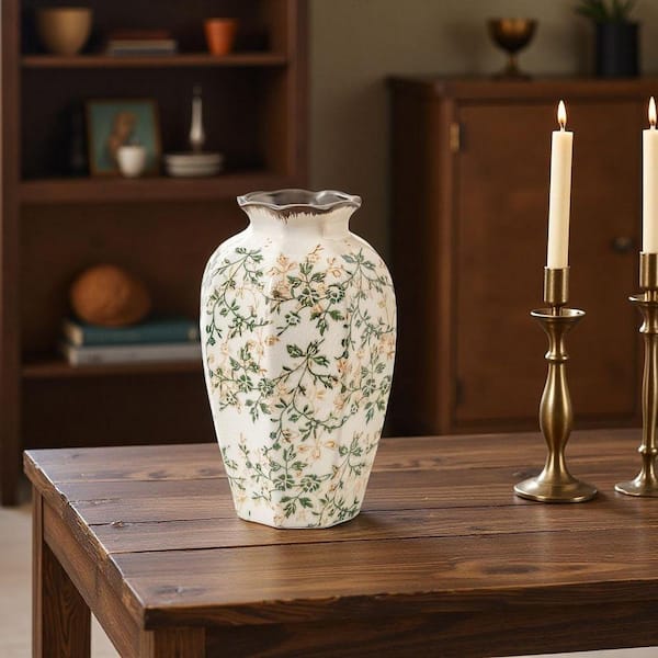 9.1 in. Green and Beige Porcelain Decorative Vase Vintage Pastoral
