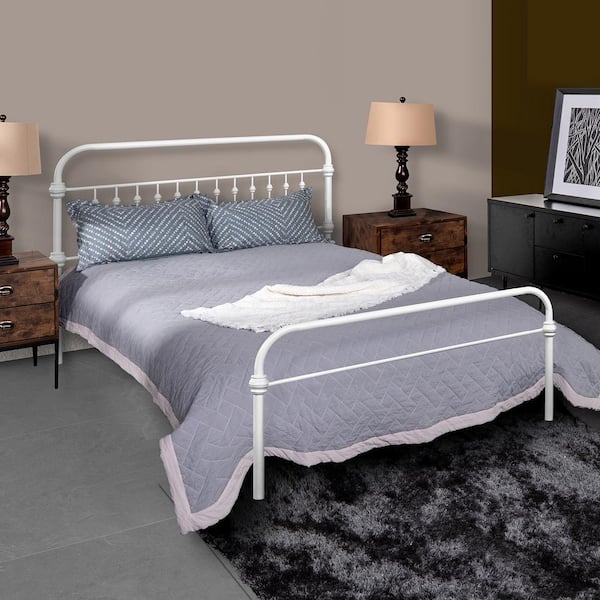 Homy Casa Gobert White Full Size Heavy Duty Metal Frame Standard Platform Bed with Headboard