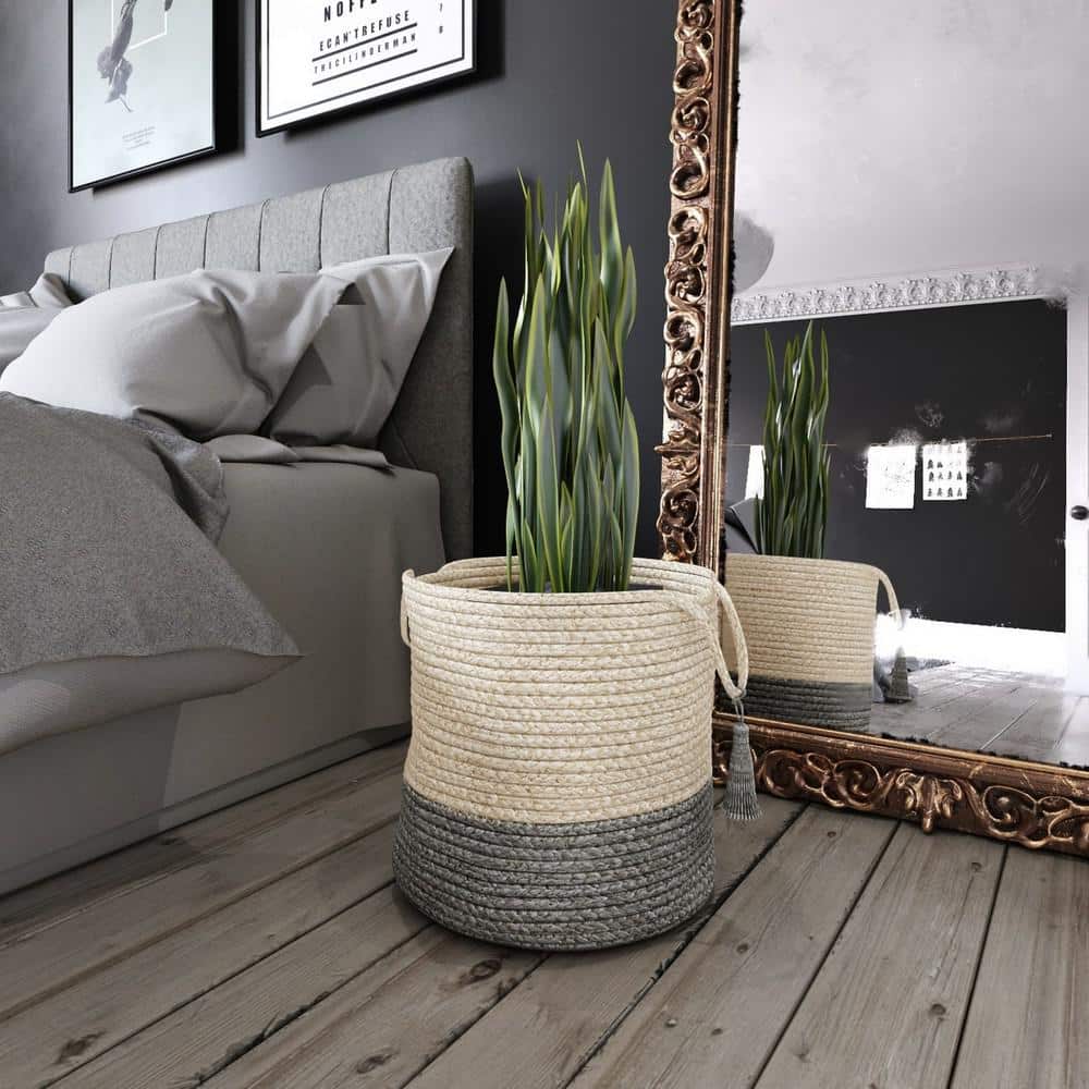 Handmade Round Jute Storage Basket with Gray and White Stripes